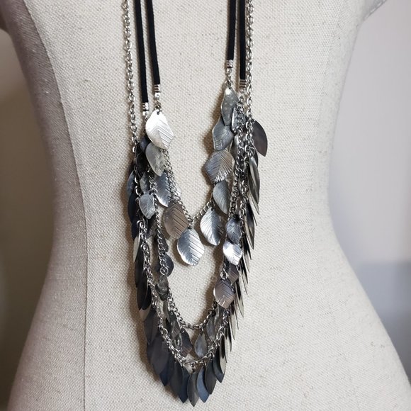 Leather & Chain Multi Strand Leaf Tassel Long Necklace 36" - Picture 5 of 6